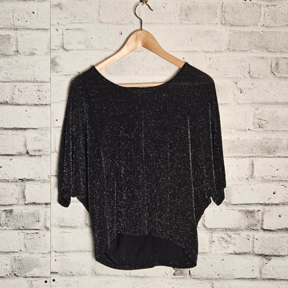 Pigalle Black Metallic Shimmer Dolman Sleeve High Low Top Womens S